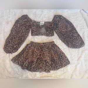 NWT Luxxel Leopard Print 2 Piece Set Medium Chiffon Crop Top & Mini Skirt